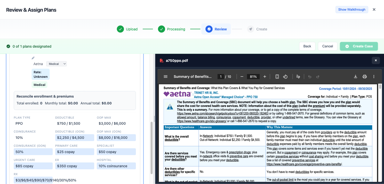 Side-by-side view showing extracted data alongside original PDF
