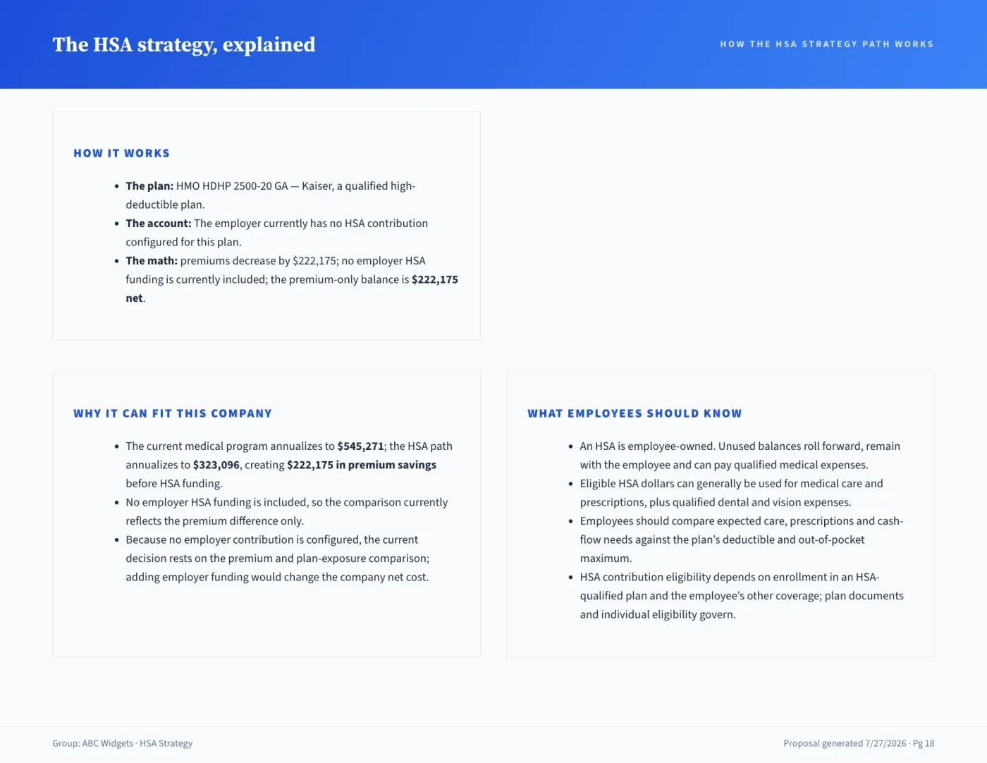 Proposal book page explaining the HSA strategy in plain language