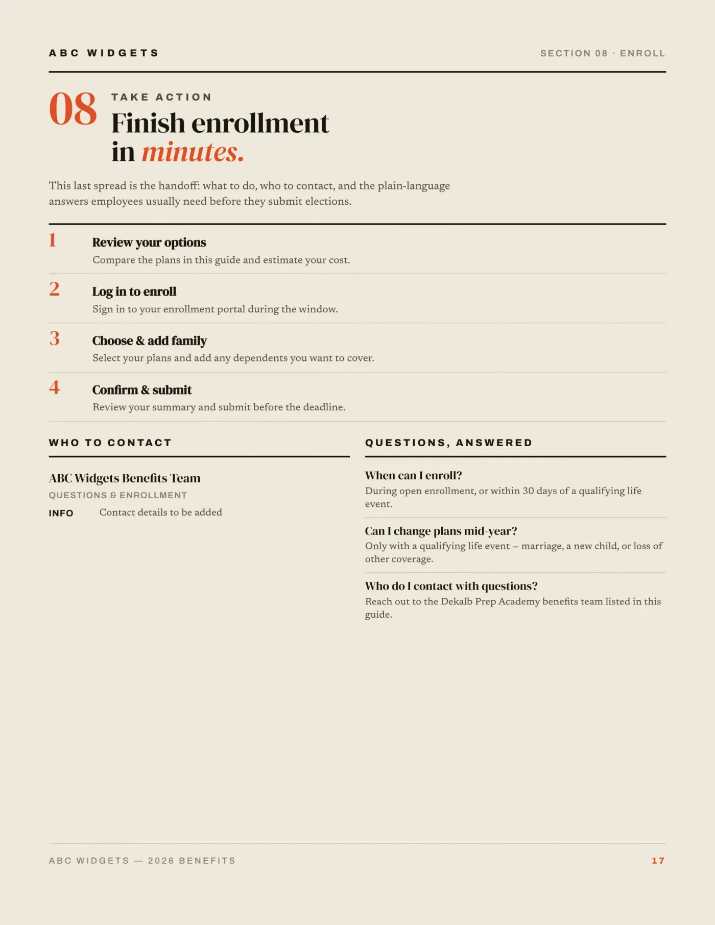 Benefit guide spread with four numbered enrollment steps and a questions-answered column