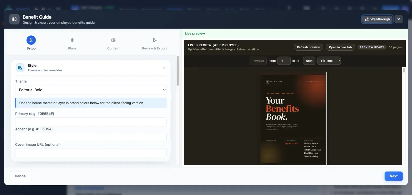 The BART benefit guide builder: setup and style controls on the left, live employee preview on the right