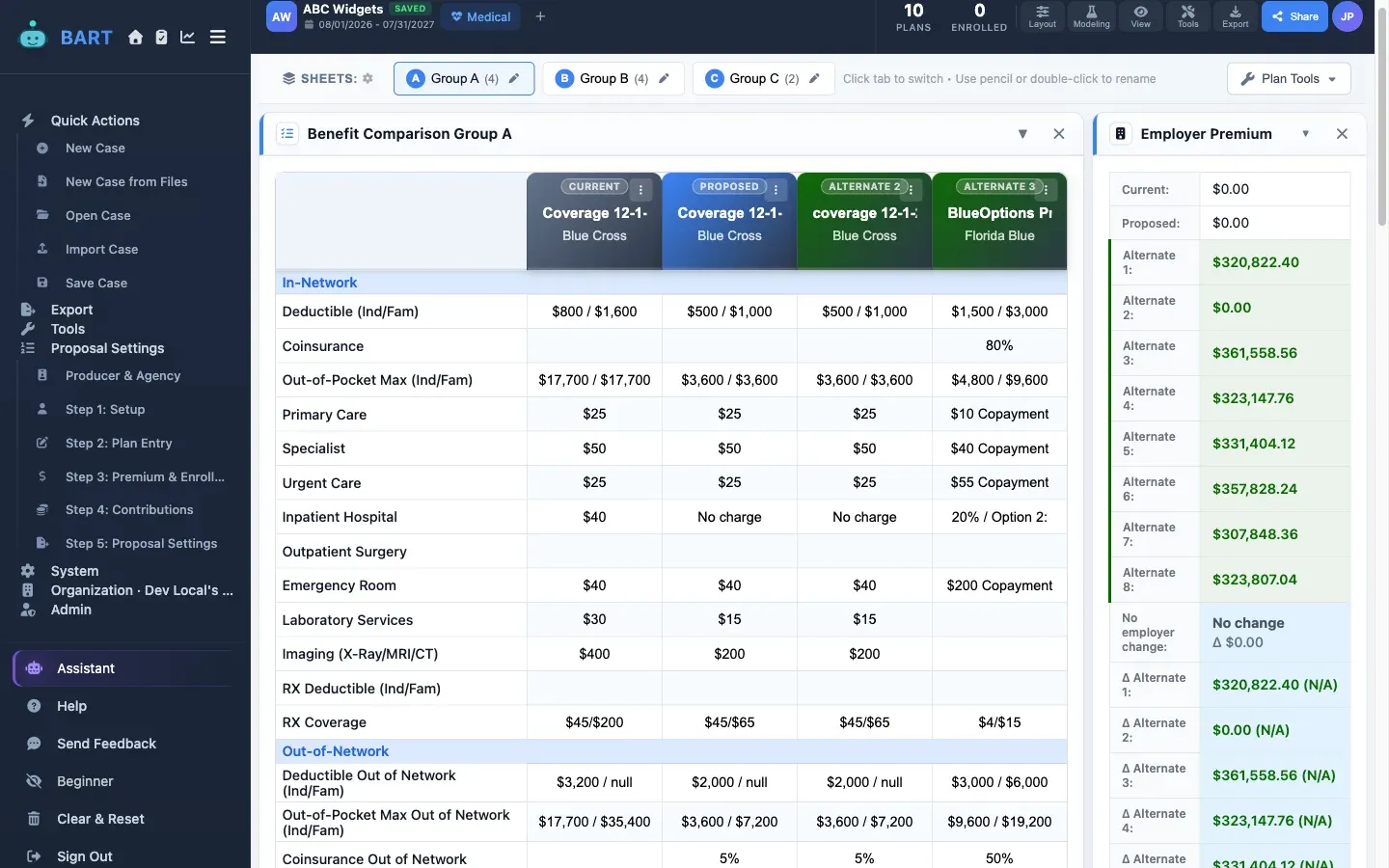 BART comparison dashboard showing ten plans across three benefit groups with a full benefit grid and an employer premium panel listing annual costs for the quoted plans