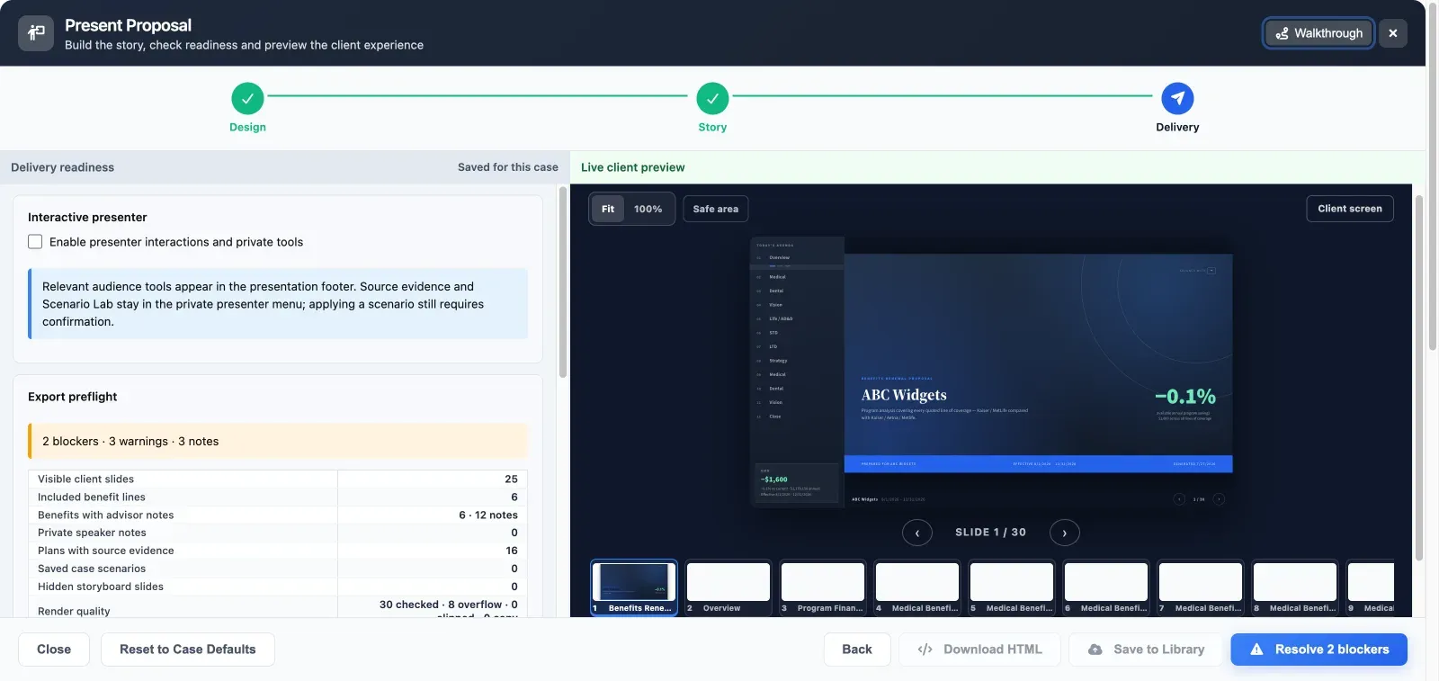 The Delivery step of the Present Proposal builder, showing an export preflight summary with blockers, warnings and a readiness table