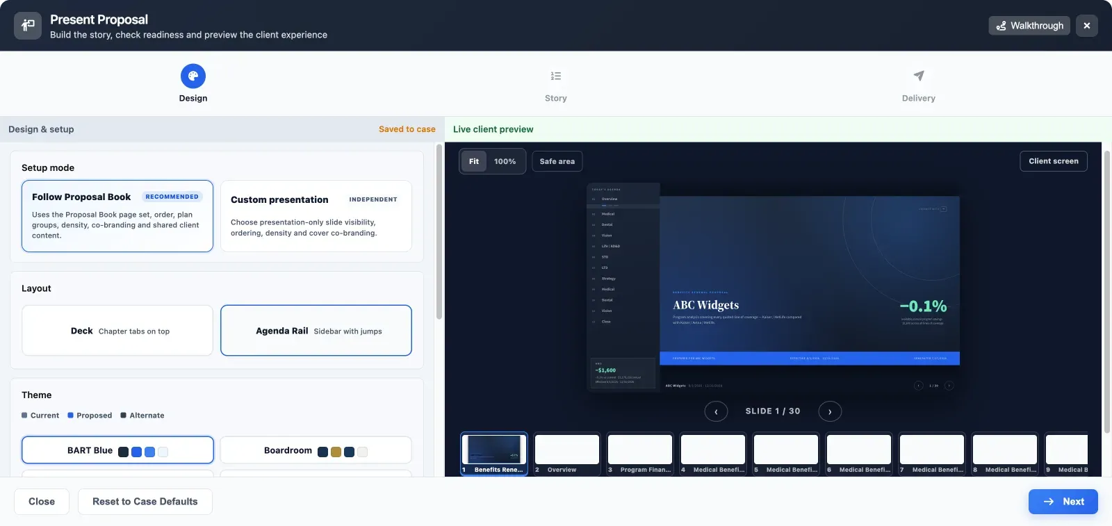 The Design step of the Present Proposal builder: setup mode, layout and theme controls beside a live client preview of the opening slide