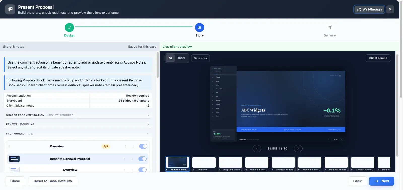 The Story step of the Present Proposal builder: a storyboard listing chapters and slides with reorder arrows and visibility toggles, beside a live client preview