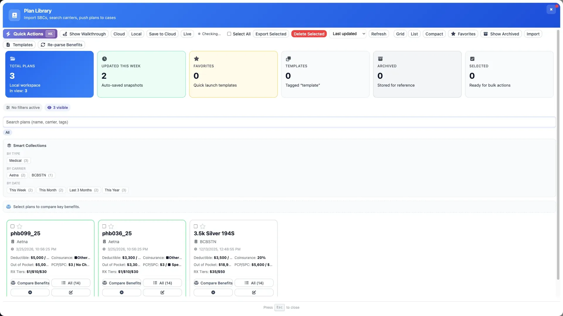 Plan library management interface showing organized collections