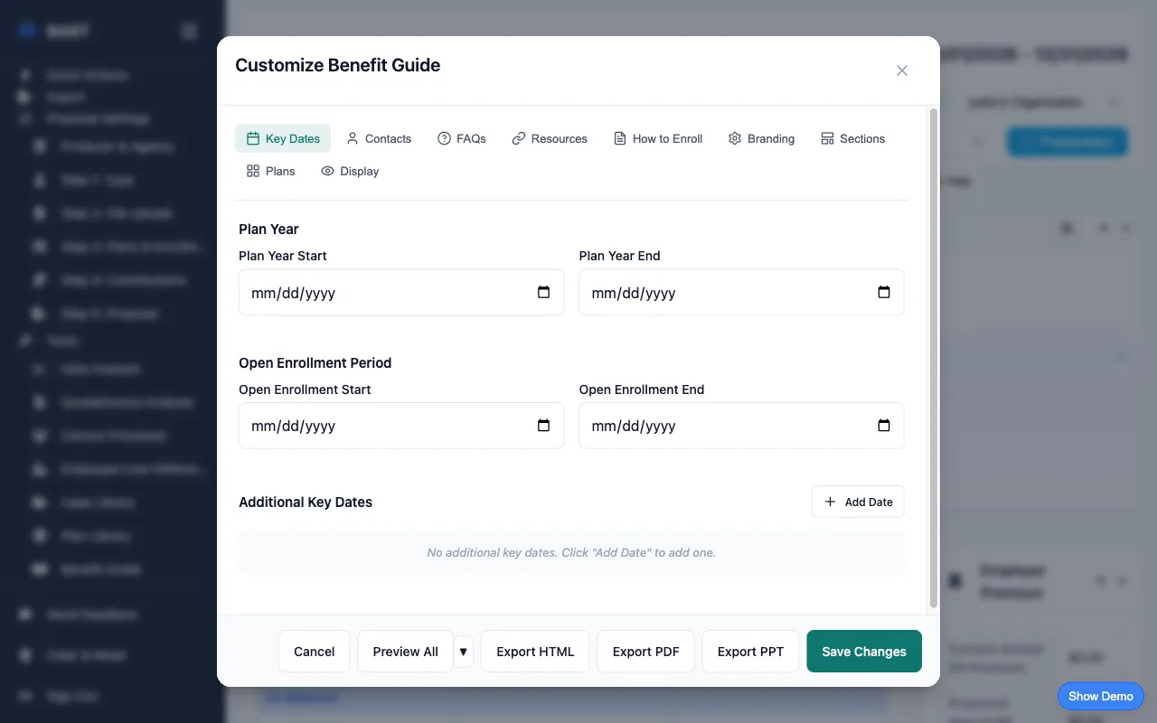 Employee benefit guide generator interface